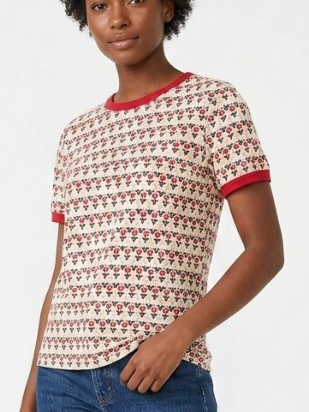 Women's Short-Sleeve Floral Ringer Tee in Red and Cream